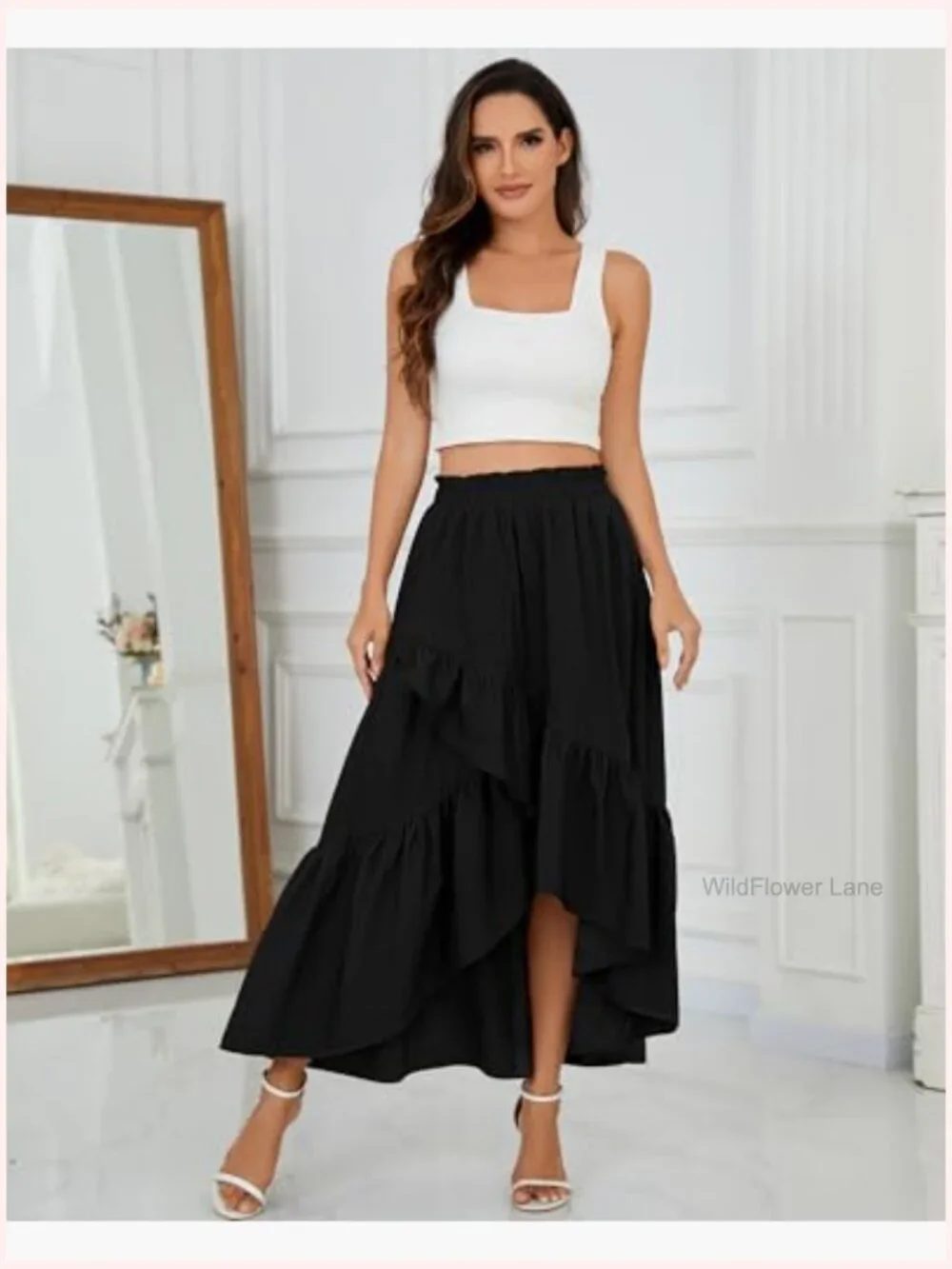 Western Boho Ruffle Maxi Skirt Asymmetrical High Low Flowy Midi - Picture 2 of 7